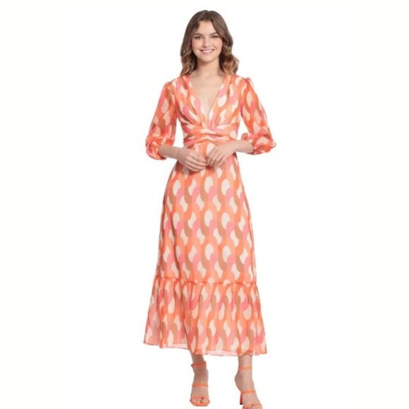 Donna Morgan Women's Retro Cream Coral Paradise Long Sleeve Maxi Dress - 4 - Picture 1 of 8